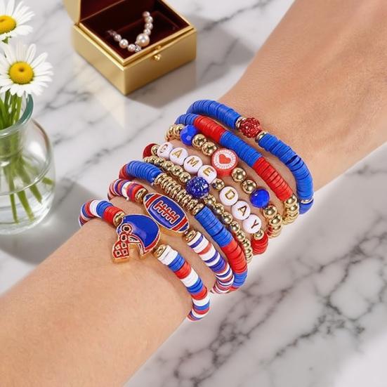 Game Day Bracelets Stackable Sports Football Charm Bracelets Elasticated Football Themed Bracelets Set for Women Men Football Fans Boho Summer