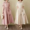 2025 Women's Short-Sleeve Cotton Linen Dress, Plus Size, Round Neck, Niche Style with Embroidered Details