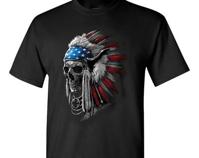 Patriotic Chief Skull Native American War Bonnet Feather T-Shirt USA Freedom