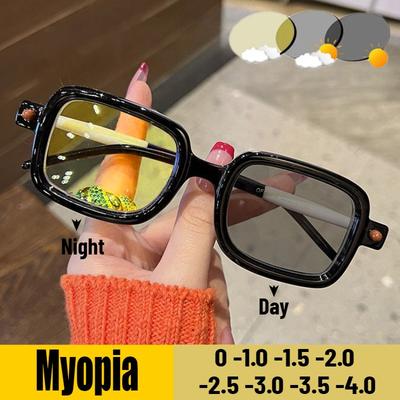Fotochromowe okulary do korekcji krótkowzroczności na dzień i noc dla mężczyzn i kobiet, kwadratowe, z ochroną UV, okulary do jazdy, dioptrie -4.0