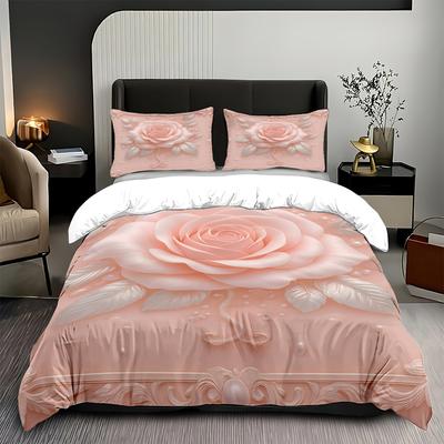 3pc Imitation 3D Pink Rose Print Coreless Bedding Set Soft and Comfortable Bedroom Dormitory Multiple Sizes Machine Washable