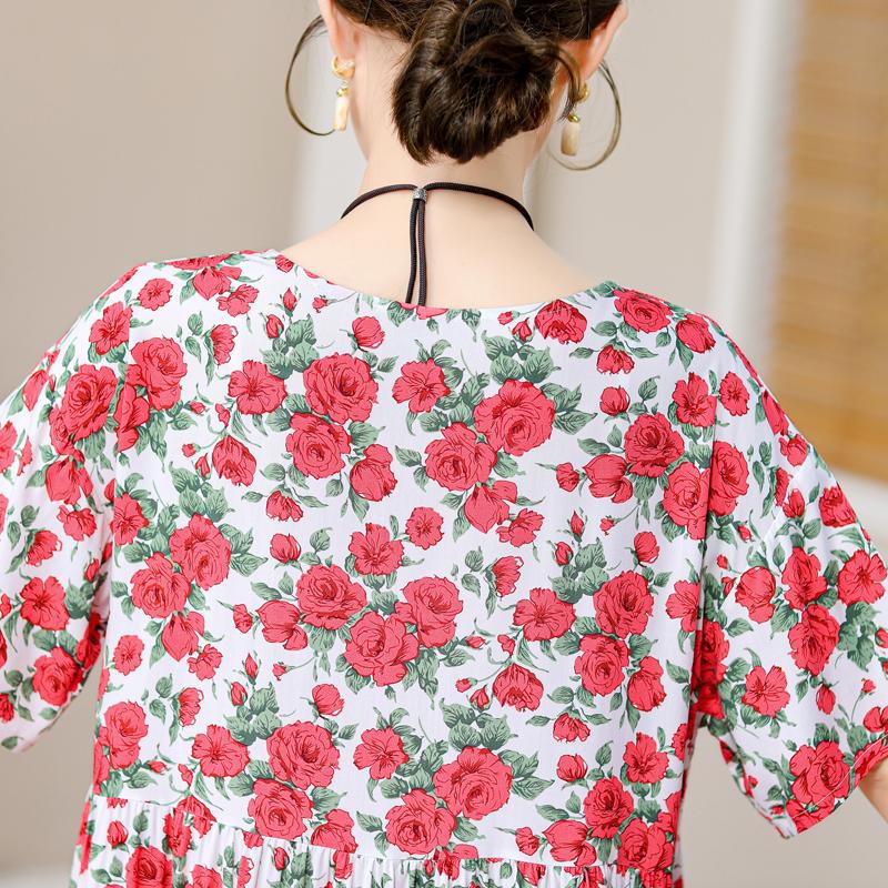 Plus Size Vintage Print Long Dress for Women Oversize Short Sleeve Elegant Loose Dresses Summer Casual Middle-aged Women's Clothing
