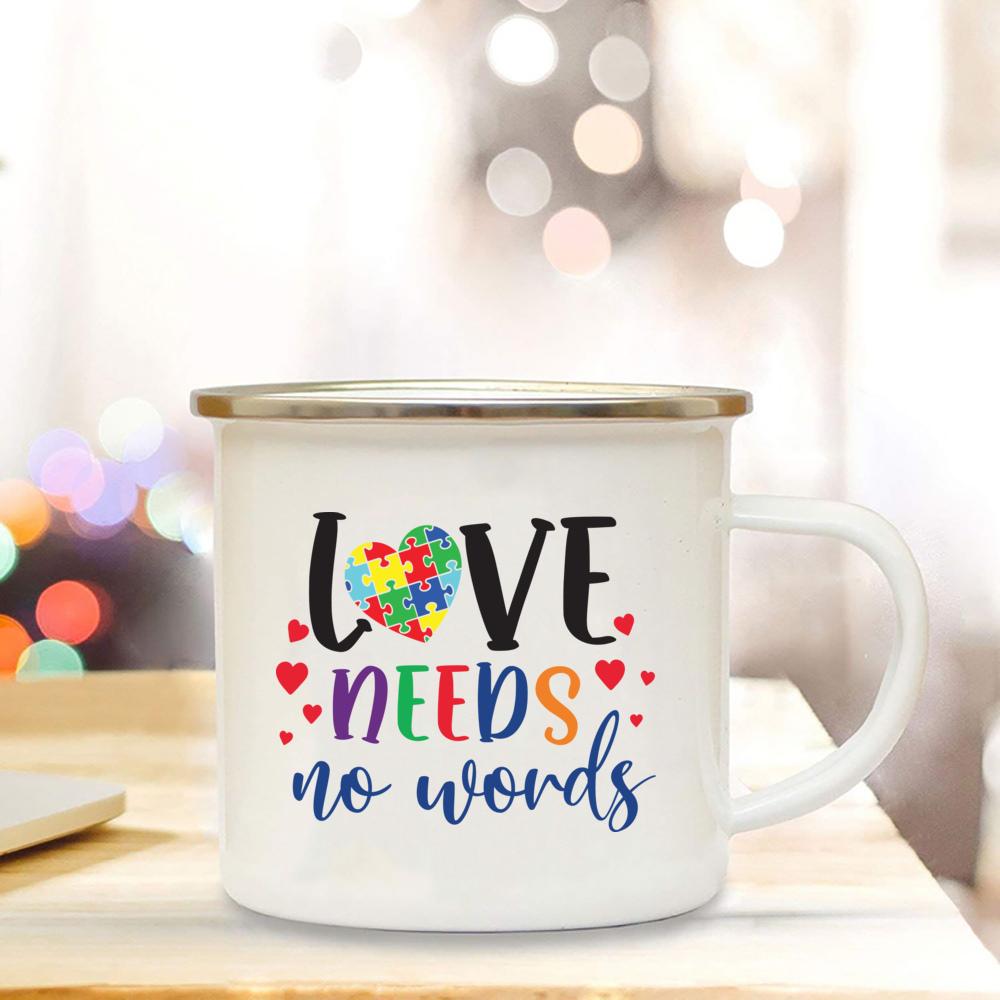 

Любовь не нуждается в словах. Осведомленность об аутизме. Белая чашка с ручкой. Эмалированная кружка для кофе, чая, напитков, воды. Лучшие подарки для людей с аутизмом. 360ml