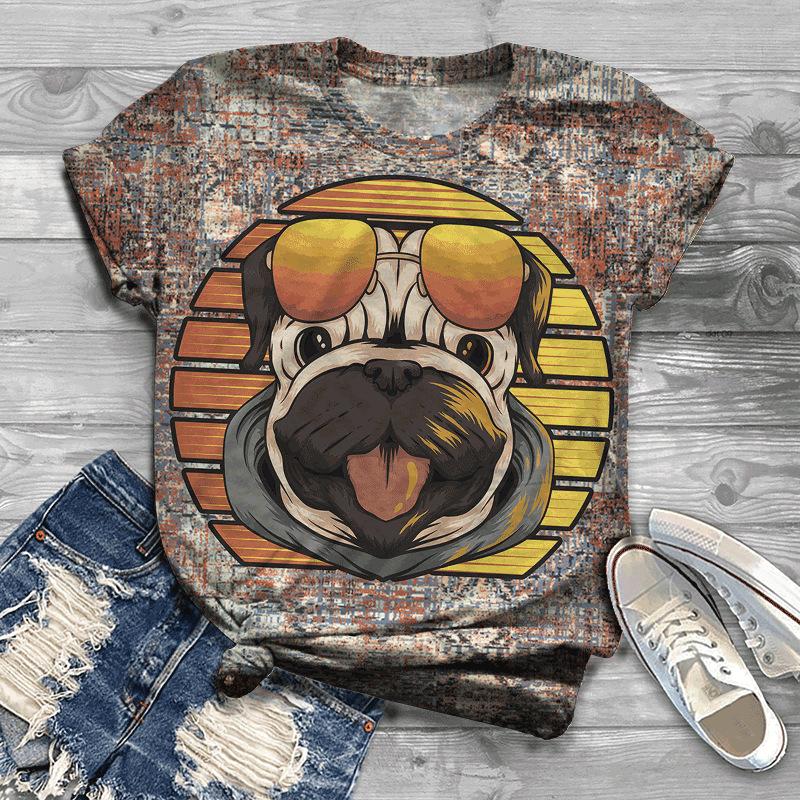 Summer New Printed Short Sleeve Top for Women, Round Neck 3D Dog Printed Women's T-shirt