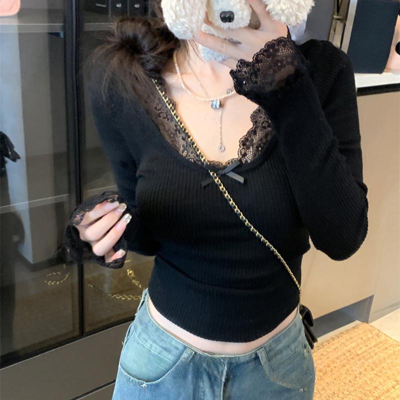 Jersey de Punto Casual de Encaje con Cuello en V para Mujer Otoño e Invierno Nuevo Jersey de Punto Ajustado para Mujer Tops Elegantes Sólidos Vintage Jerséis de Señora 25865