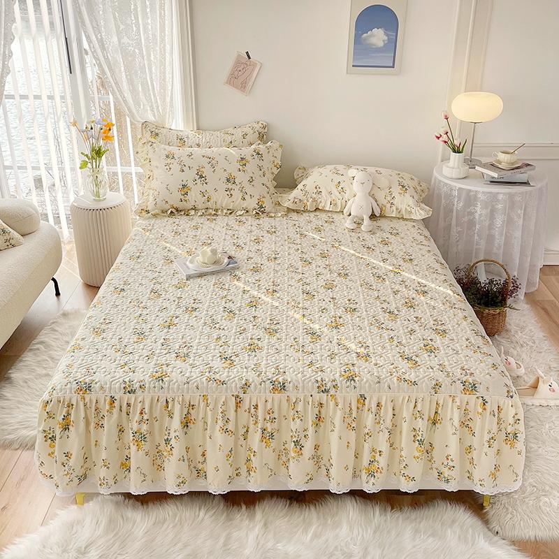 1pc Pure Cotton Thicken Quilted Mattress Cover with Skirt Queen/King Bed Sheet Skirt Elastic Band 200x220cm  (No Pillowcase)