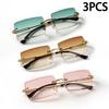 3PCS Fashion Rimless Sunglasses Women Trendy Small Rectangle Sun Glasses  Summer Traveling Style Brown Shades for Men