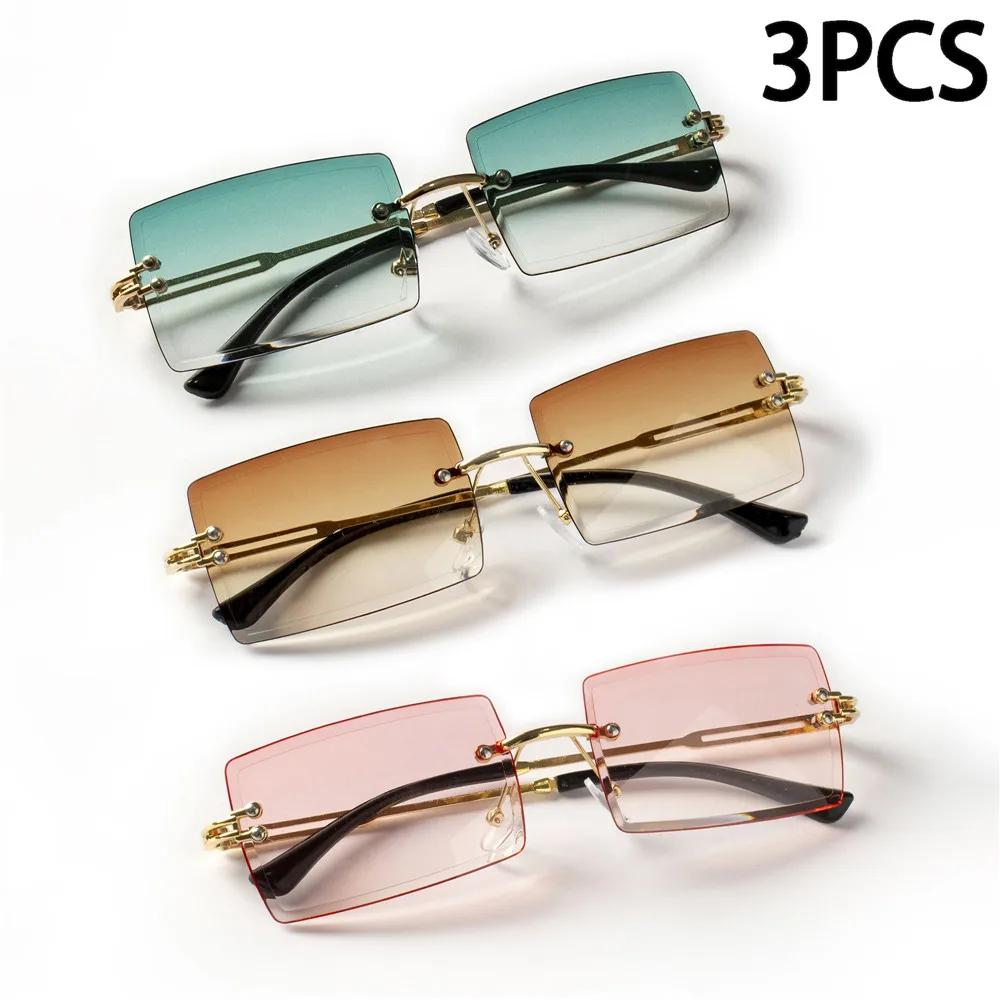 3PCS Fashion Rimless Sunglasses Women Trendy Small Rectangle Sun Glasses  Summer Traveling Style Brown Shades for Men