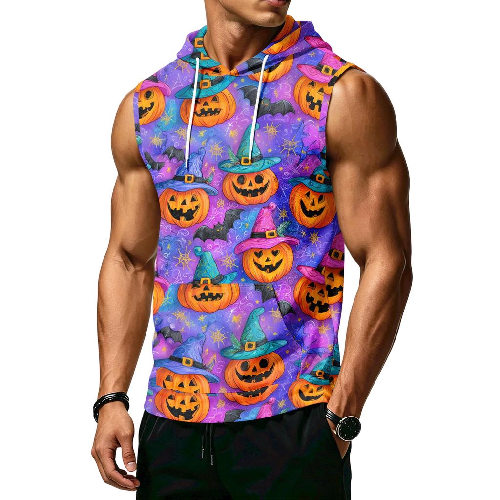 Men's Print Sleeveless Hoodie with Pockets and Drawstring - Casual Tank Top Vest for Outdoor Sports