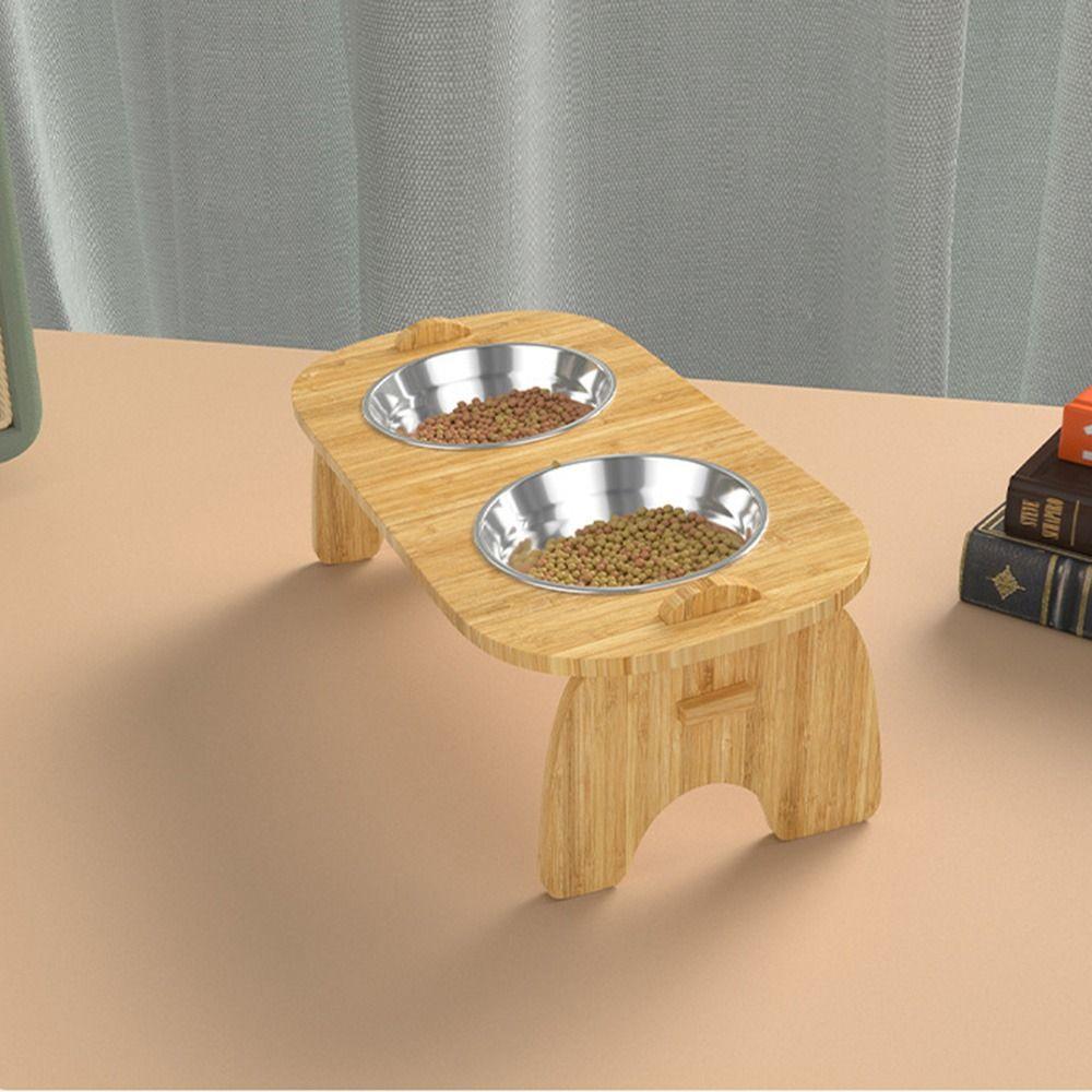 Wooden Stand Holder Elevated Cat Bowls Stainless Steel Bowl Dog Feeder Dish  Small Pets
