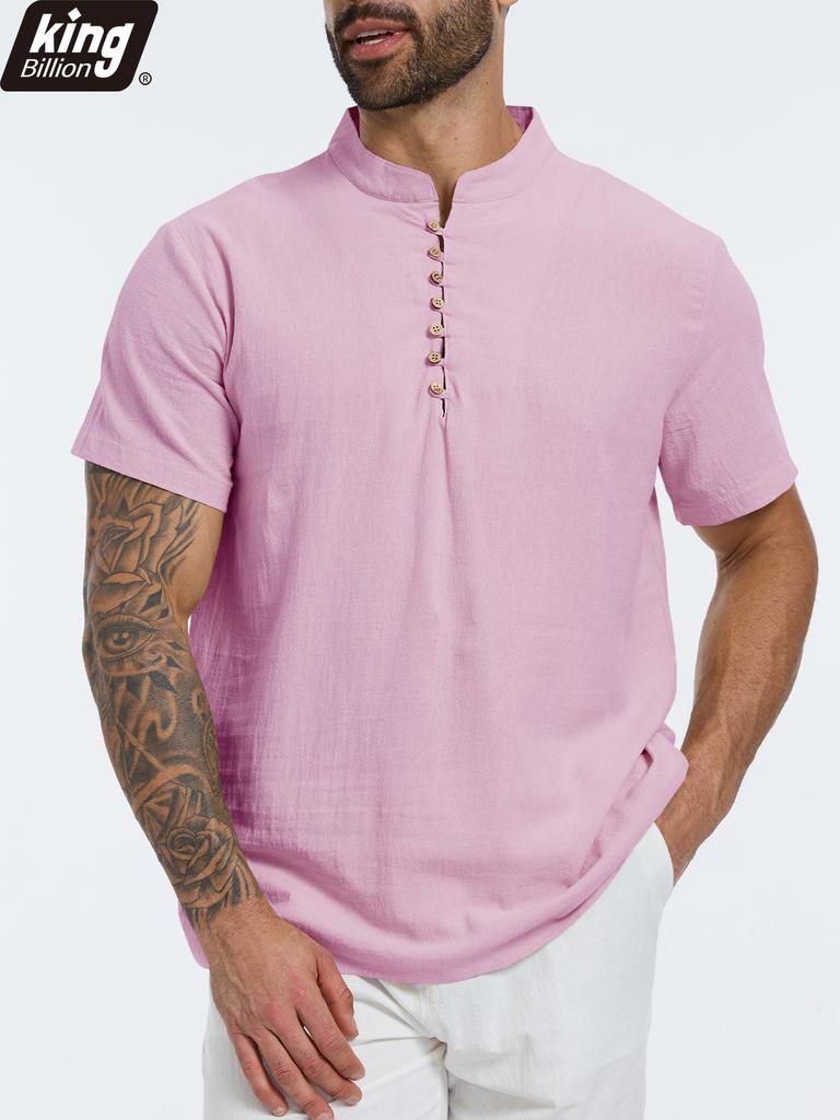 Yaz Yeni Erkek Pamuk Keten Tişört Kısa Kollu Nefes Alabilir Hafif Düz Renk Erkek Moda Henley Yaka Düğmeli Üst