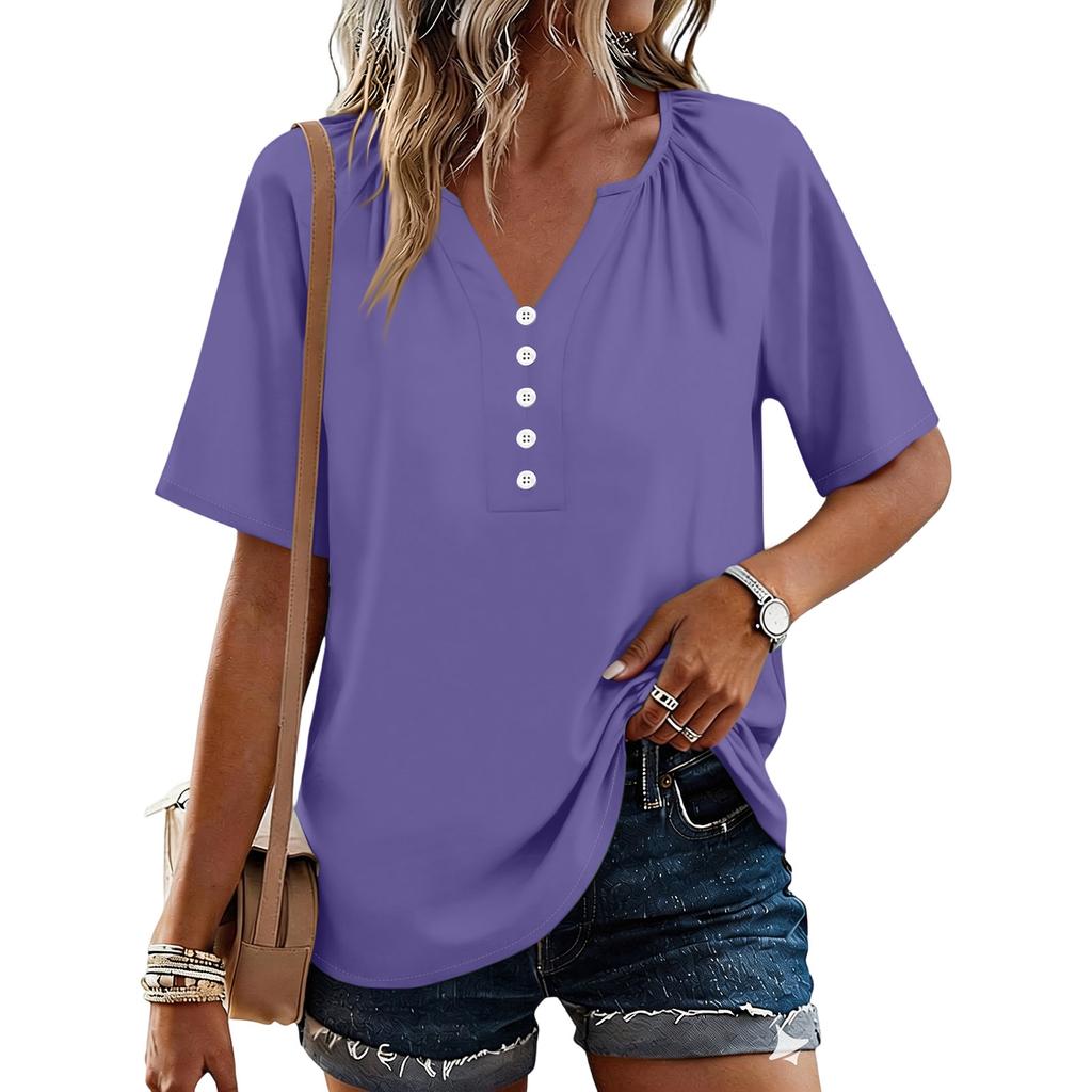Modisches Lässiges Damen Oberteil mit Knopfleiste und V-Ausschnitt, kurzärmlig