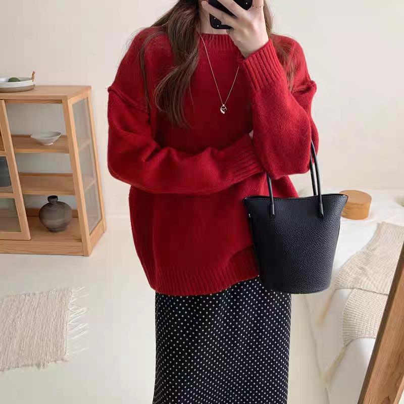 VEZFAA Women's Fashion Casual Fall Winter Solid Color Print Long Sleeve O-Neck Sweaters