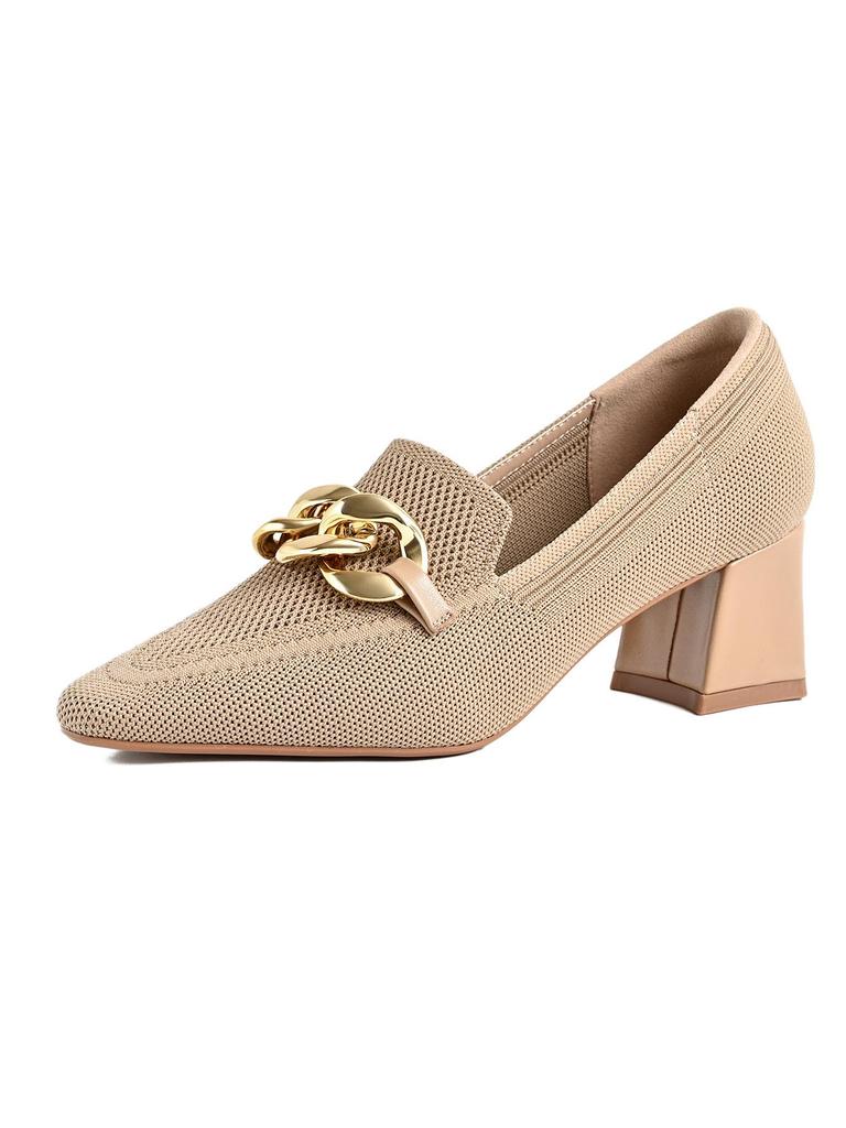 2026 European Style Flyknit Slip-on Loafers with Metal Decoration and Chunky Pointed Toe Heel
