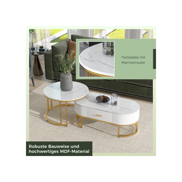 Tables Basses 2 Pièces Piètement Métal Doré, Tables De Salon Nobles, Tables Gigognes Modernes