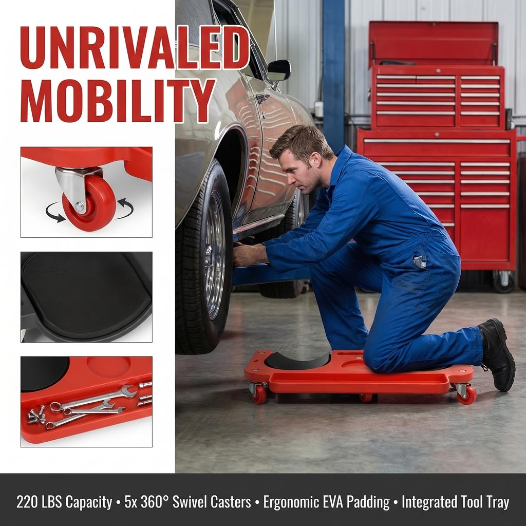 Multi Purpose ABS Wheeled Rolling Platform Built In Tool Tray For Mechanics Auto Repair Flooring Carpentry