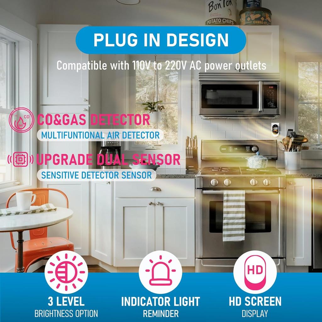 Upgraded Combination Natural Gas Leak Detector and Carbon Monoxide Detectors, 4-in-1 Plug-in Wall Design CO & Gas Detector with HD Screen&Indicator