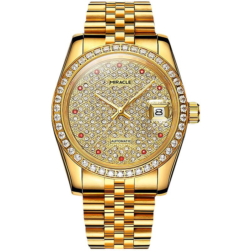 Miracle Luxury Men s Automatic Mechanical Watch Iced Full Gold Stainless Steel Bracelet Water Resistant Leather Rubber Band Miracle Classic золотой
