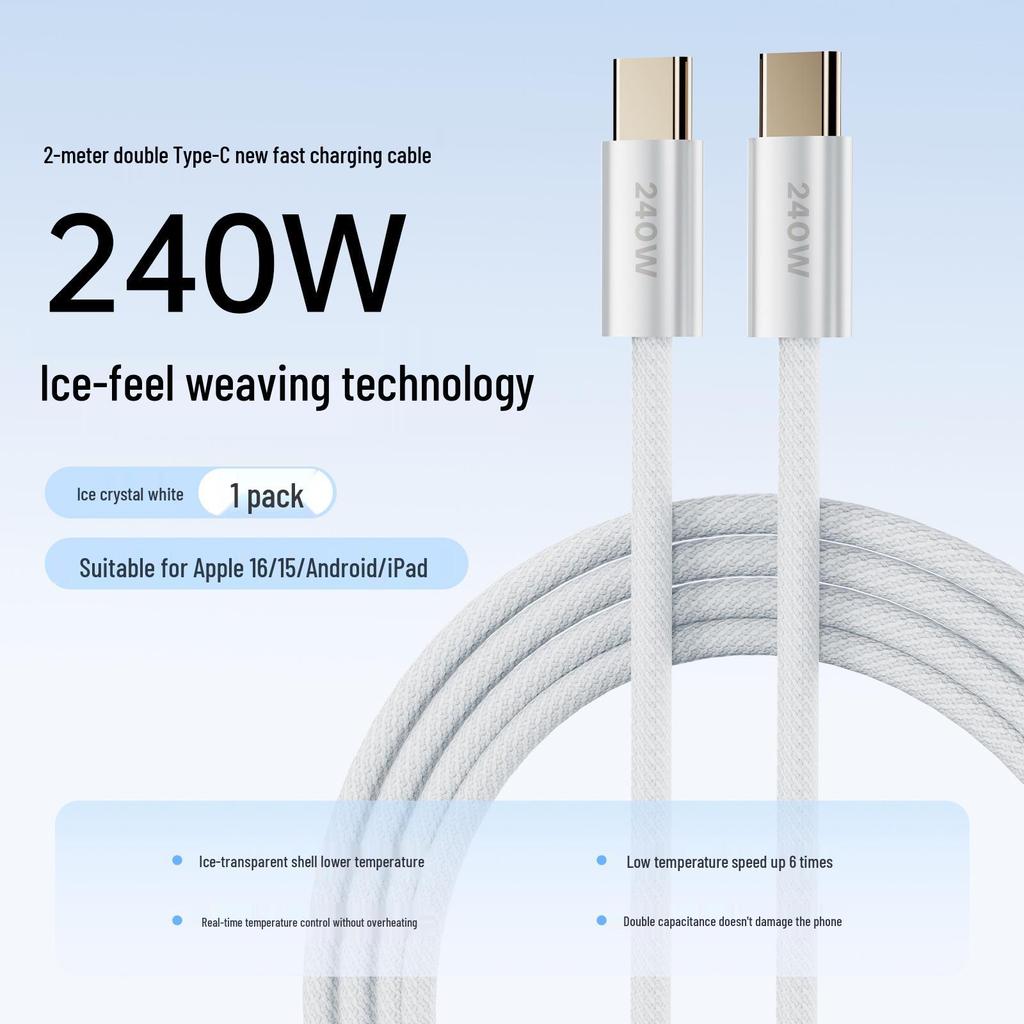 240W opletený datový kabel typu C, duální, se pozlacenými konektory, kompatibilní s Apple 8-17 a Android.