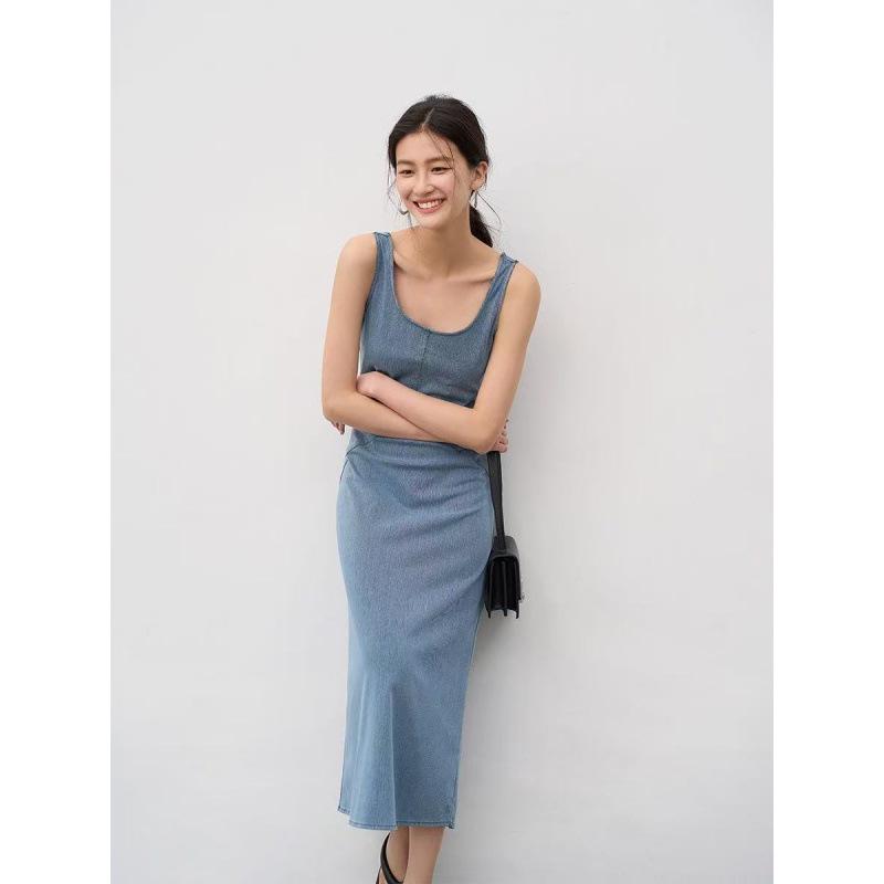 Plus Size Super Soft Strappy Knit Denim Long Dress - Elastic, Skin-Friendly & Breathable Small синий