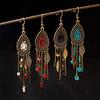 TopHanqi Womens Bohemia Ethnic Bronze Water Drop Earring Multicolor Stone Metal Leaf Pendant Long Tassel Earrings Indian Zircon