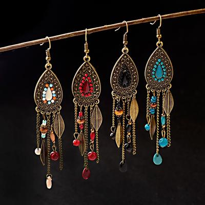 TopHanqi Womens Bohemia Ethnic Bronze Water Drop Earring Multicolor Stone Metal Leaf Pendant Long Tassel Earrings Indian Zircon