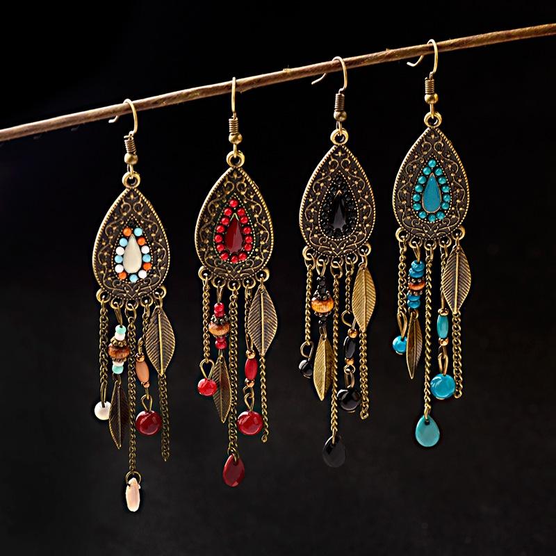 TopHanqi Womens Bohemia Ethnic Bronze Water Drop Earring Multicolor Stone Metal Leaf Pendant Long Tassel Earrings Indian Zircon