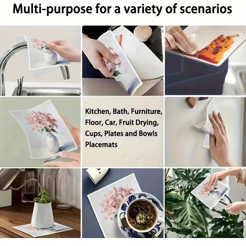 6PCS Cleaning Dishcloths Reusable Kitchen Dish Towels Absorbent Arrange Flower Pattern Dishcloth Lint Free Cloth Washable Duster Rags Tea Towels