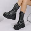 Fashion Spooky Style Chunky Platform Mid Calf Boots Women Spider Web Pattern Wedge Gothic Boots Woman Thick Sole Halloween Cosplay Shoes