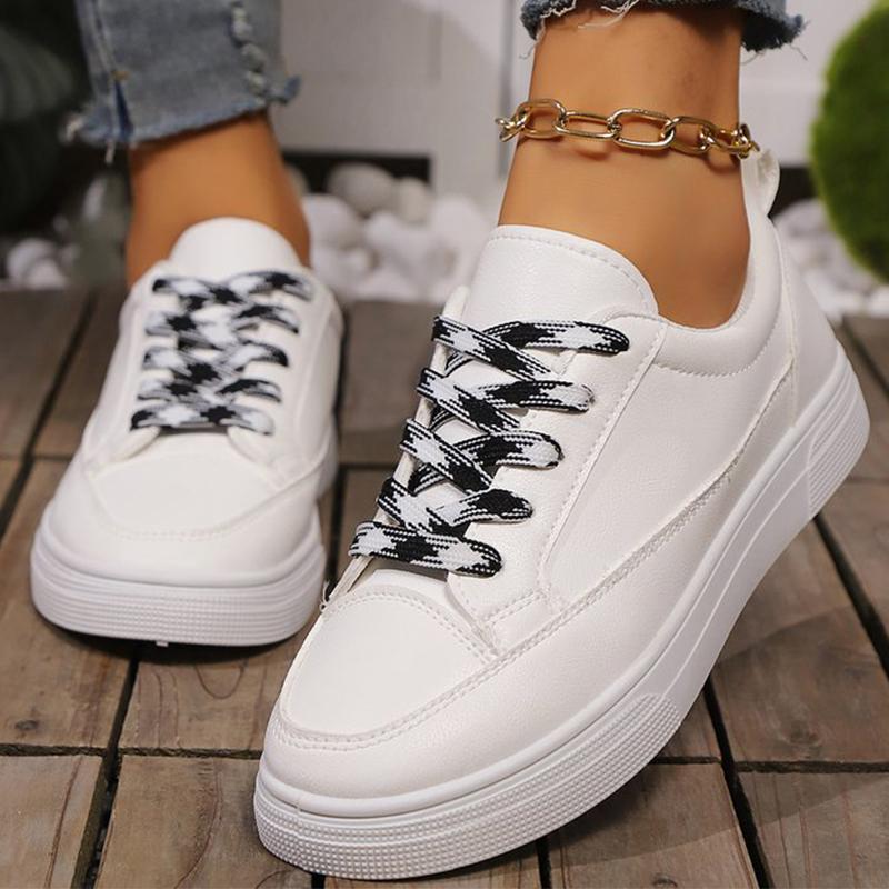 Fashion All Match Patchwork Lace Up Sneakers Women Faux Pu Leather Sports Shoes Woman Spring Autumn Non Slip Low Top Flats Shoes Mujer