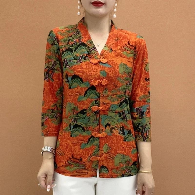 Chinese Style Ice Silk Autumn Retro Three-quarter Sleeve Middle-aged Elderly Fashion Printed Middle-aged Tops