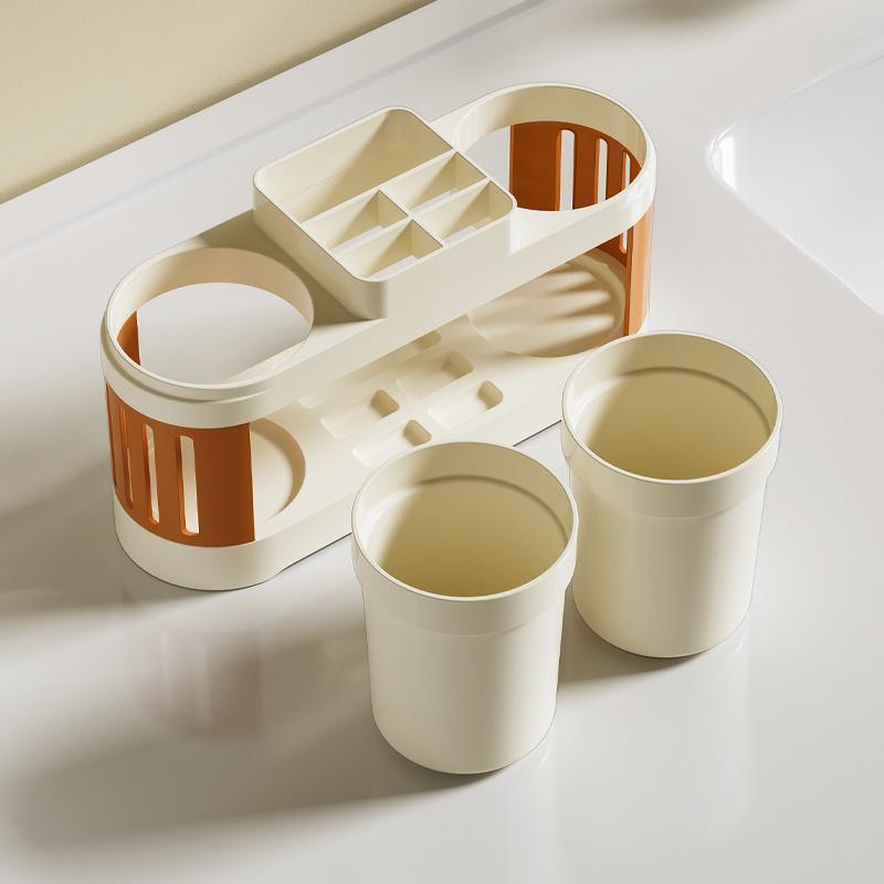 Modern Plastic Toothbrush Holder with Cups Mounted Bathroom Organizer for Couples Non-Electric Toothbrush and Mouthwash Cup Set