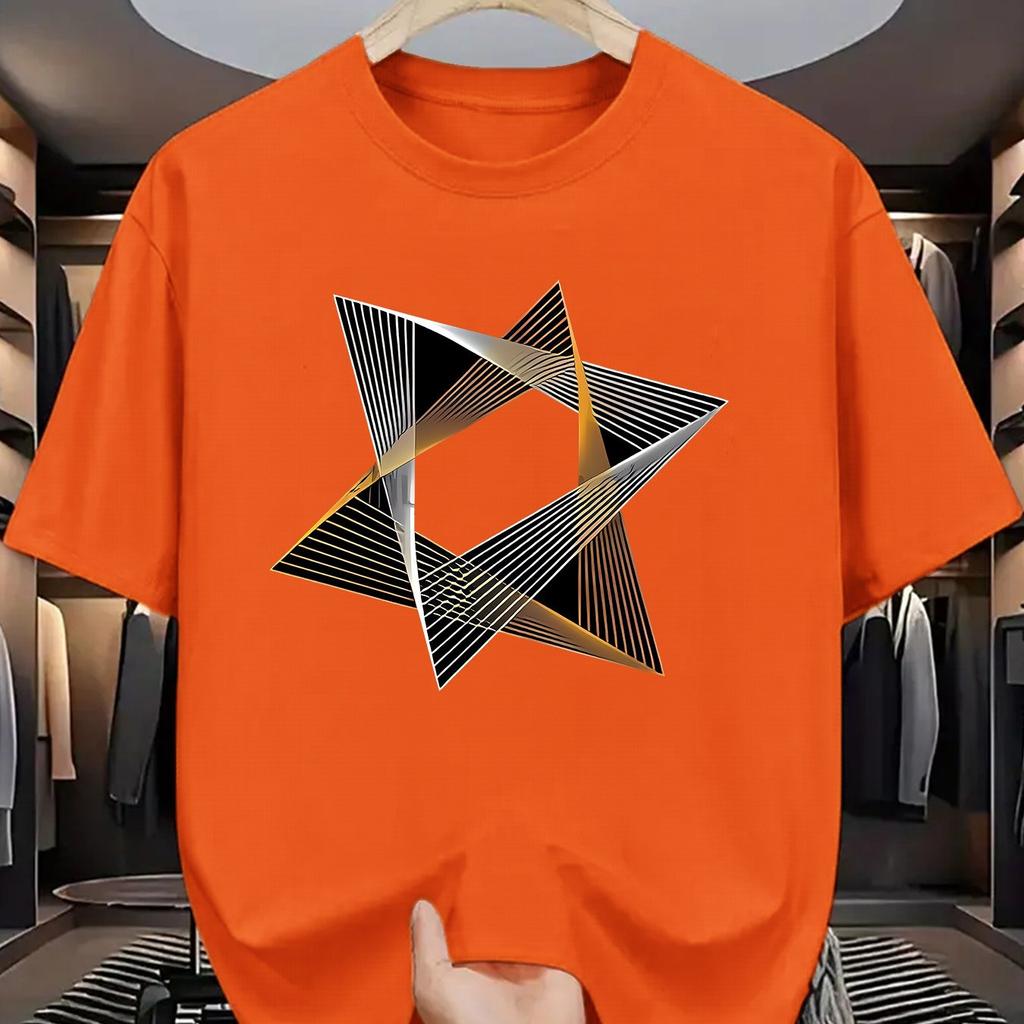 Geometric Star Print Mens Cotton TShirt Casual Short Sleeve Breathable Crew Neck Graphic Tee
