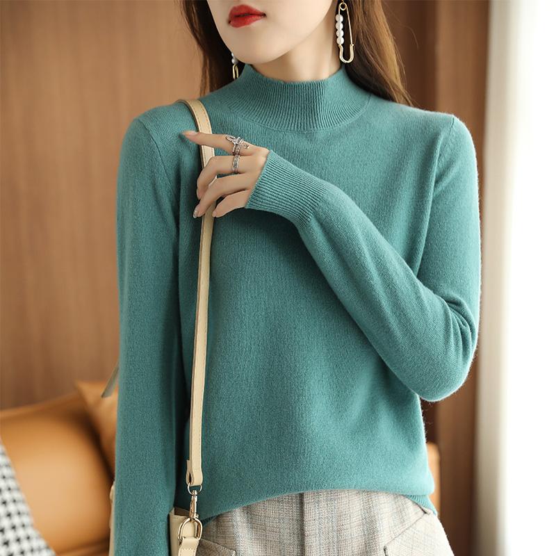 Elegante suéter de cuello alto medio para mujer, primavera, otoño e invierno, fino de manga larga, negro, camisa básica de punto para mujer