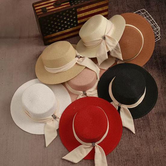 Straw Hat Lightweight Breathable Flat Top Wide Brim Sun Protection Hat Metal Buckle Ribbon Decorated Hat Summer Beach Hat