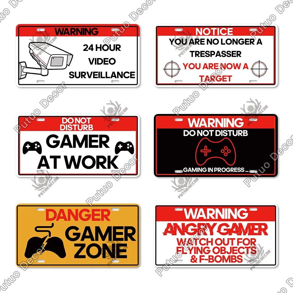 Putuo Decor Warning  Game Zone Tin Sign License Plate Plaque Metal Vintage Poster for Man Cave Pub Club Park Wall Art Decor
