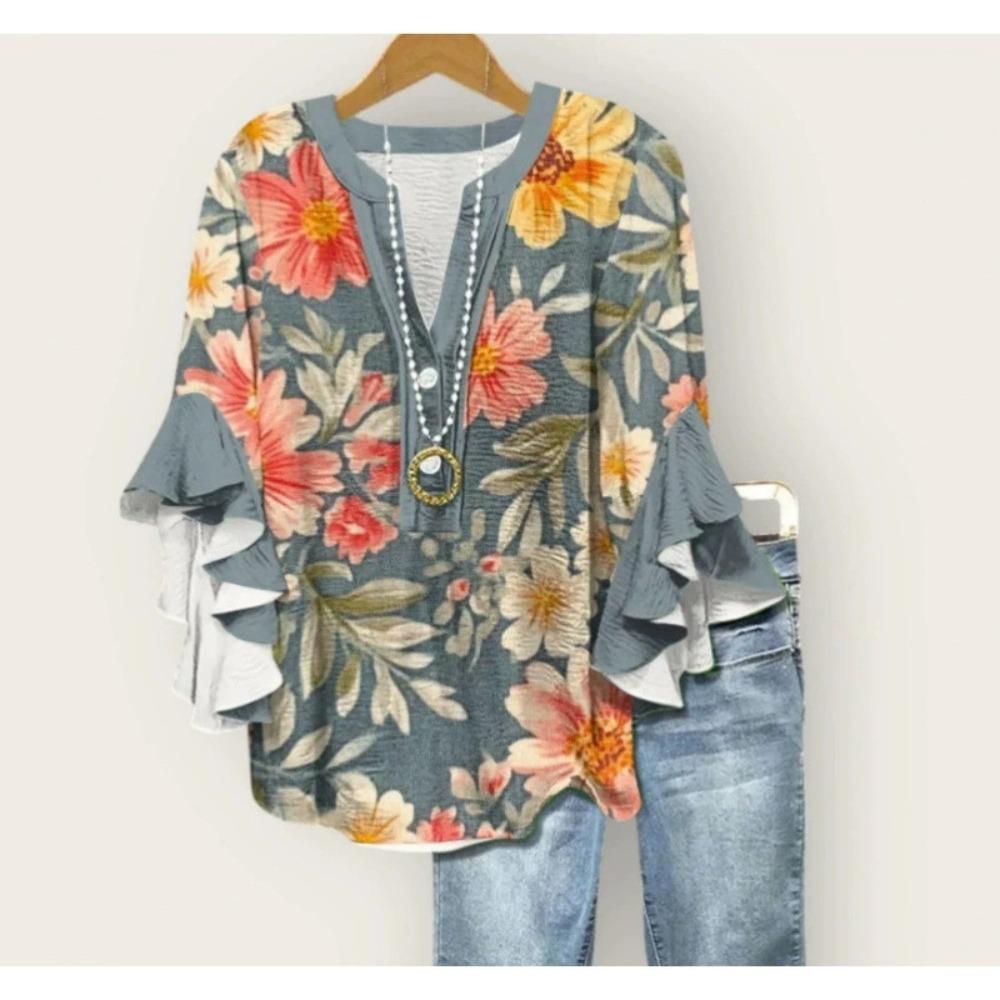 Large Women's Bohemian V-neck Shirt with Ruffle Sleeves, Grey Brown Floral Print Top, Casual Breathable Machine Washable Pullover