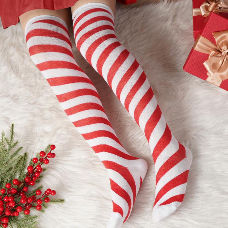 

Рождественский зеленый красный хлопковый чулок в полоску выше колена с бантом длинные носки 1 pair