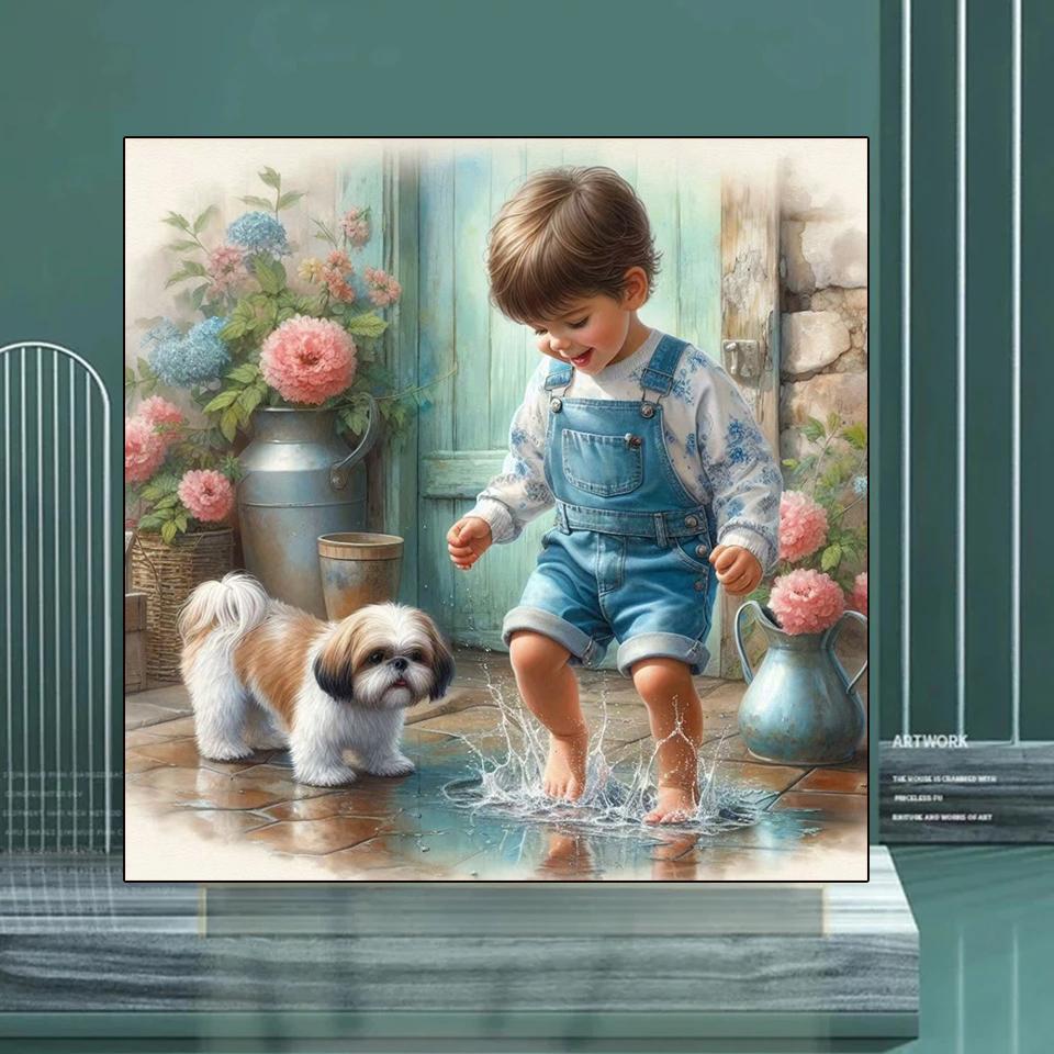 5D Diamond Painting Happy Little Boy And Dog Full Square Drill Rhinestone Diamond Embroidery Kid Cross Stitch Mosaic Home Decor