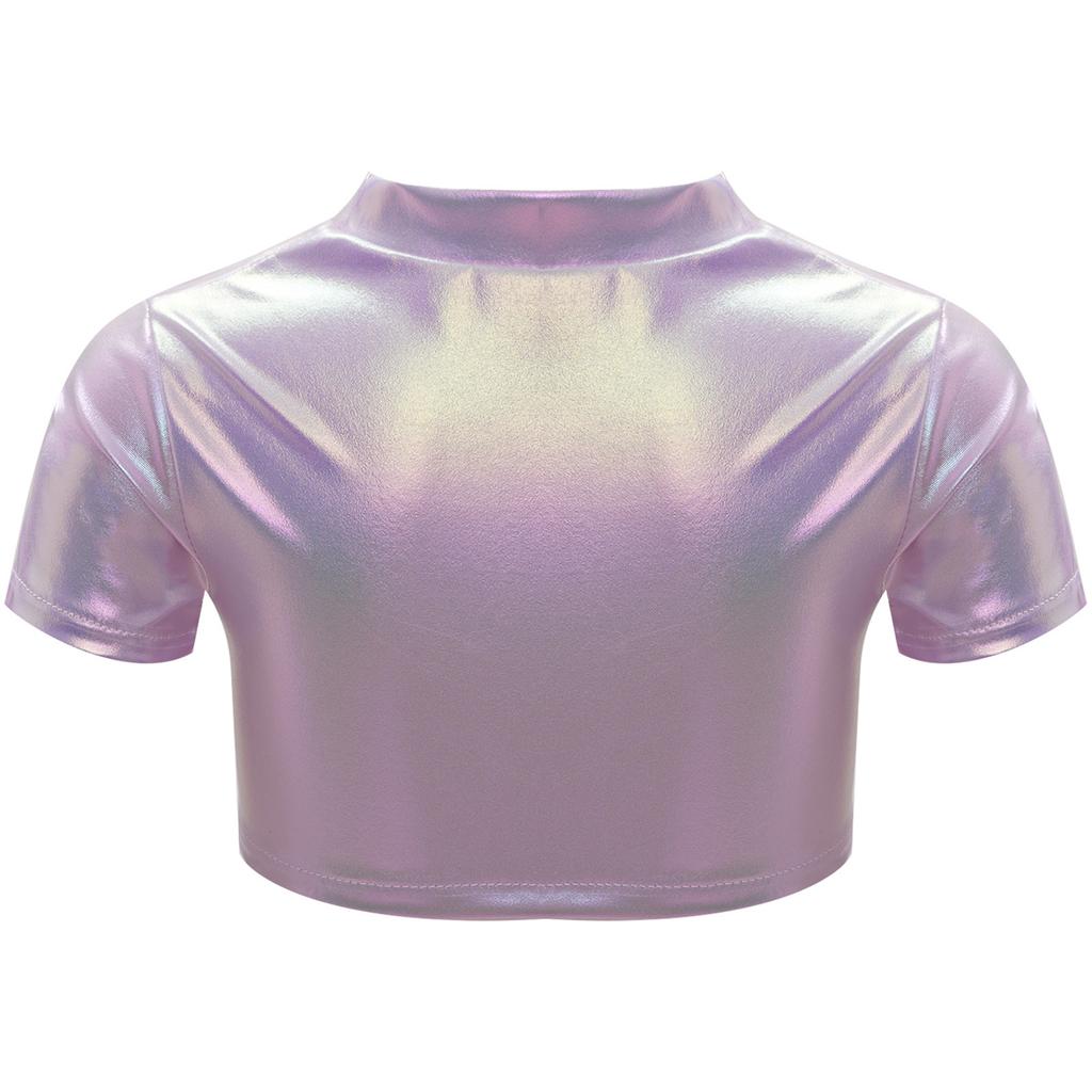 Girls Jazz Dance Top Metallic Short Sleeve Round Neck Crop Tee for Cheerleading Stage Performance