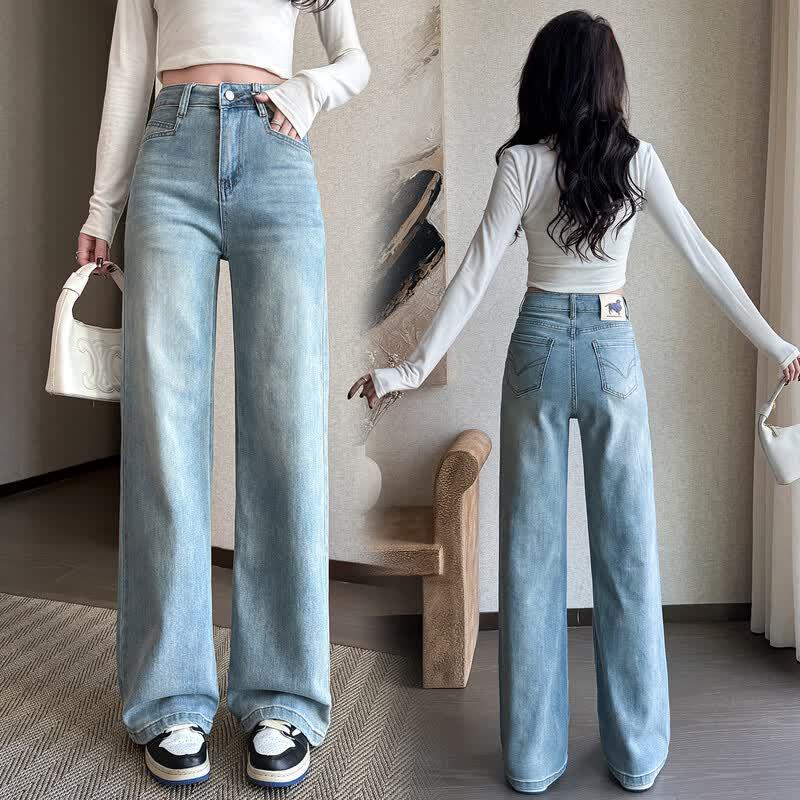 Women's High-Waist Light Blue Washed Wide-Leg Denim Pants