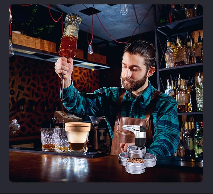 Cocktail Smoker Set with Torch, 8 Types of Wood Chips, 4 Ice Cue Torches, Whiskey Smoker Kit, Smoke Maker, Gift for Men, Birthday, Father's Day, Retir