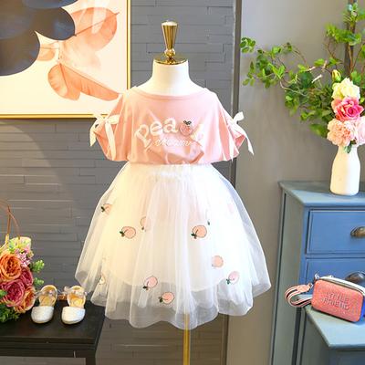 Girls' New Printed Skirt Suit Cotton Short Sleeve T-shirt Tulle Skirt Two-Piece Set