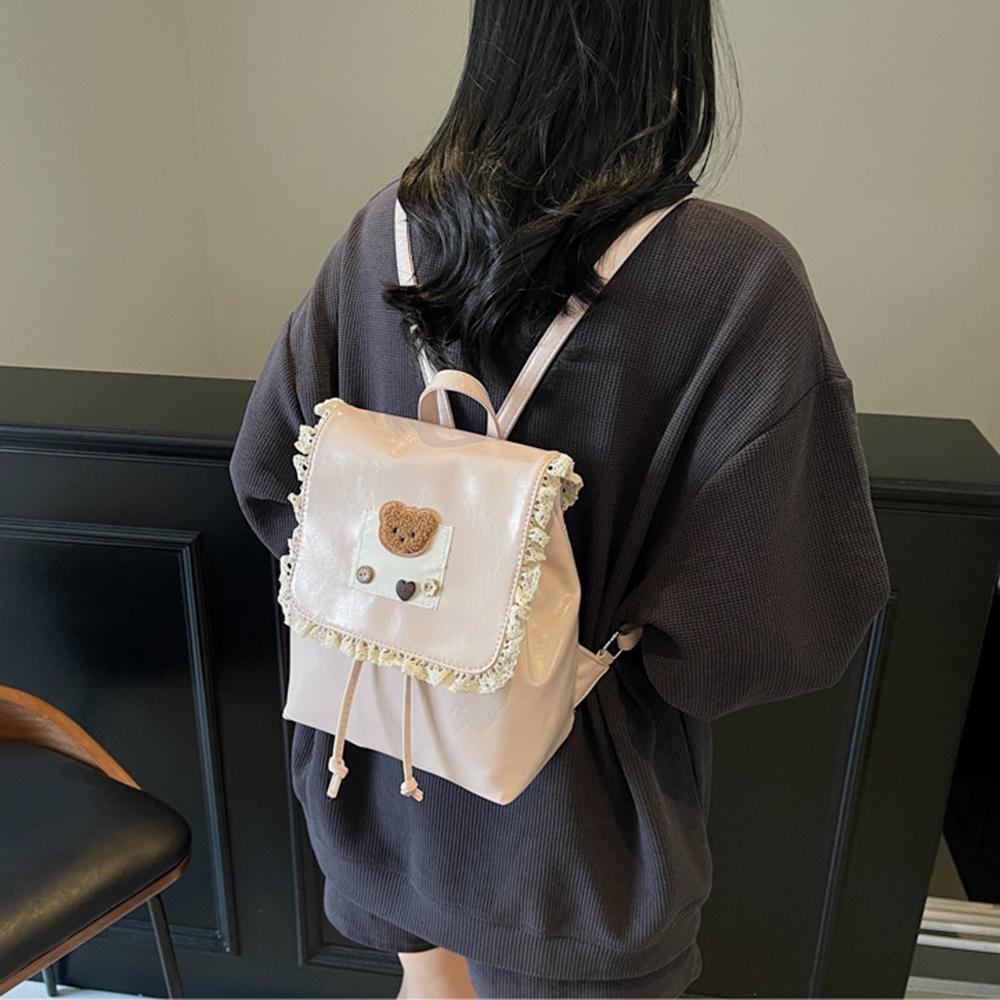 Ruffled Lace Drawstring Backpack PU Leather Cute Bear Knapsack Sweet Fashion Backpack  Outdoor