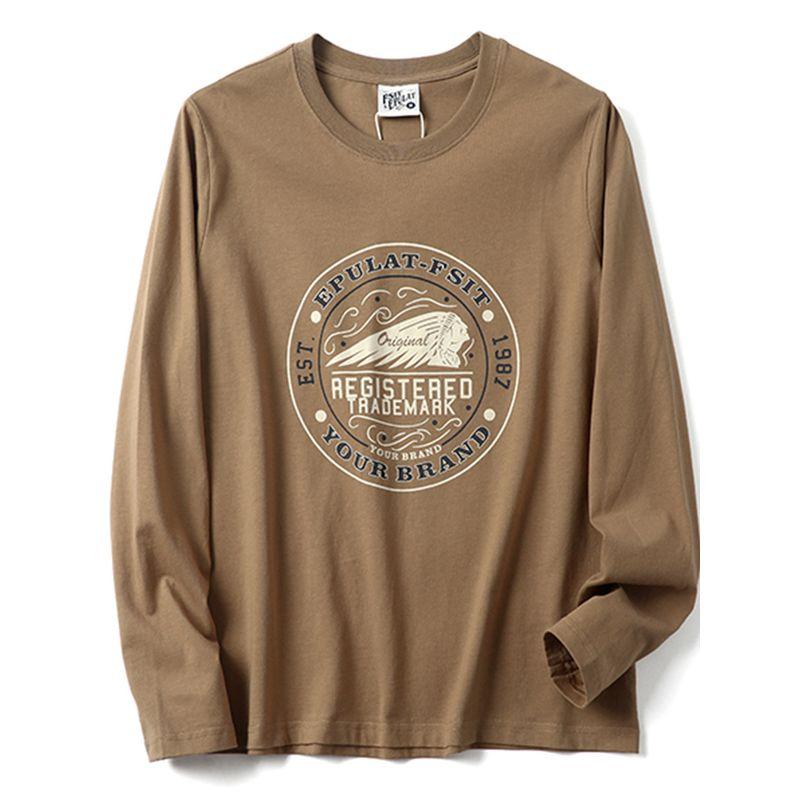 Vintage Print All-Cotton Washed Comfortable Base Shirt for Men, Autumn Round Neck Long-Sleeve T-Shirt, Export Surplus with Tags Removed