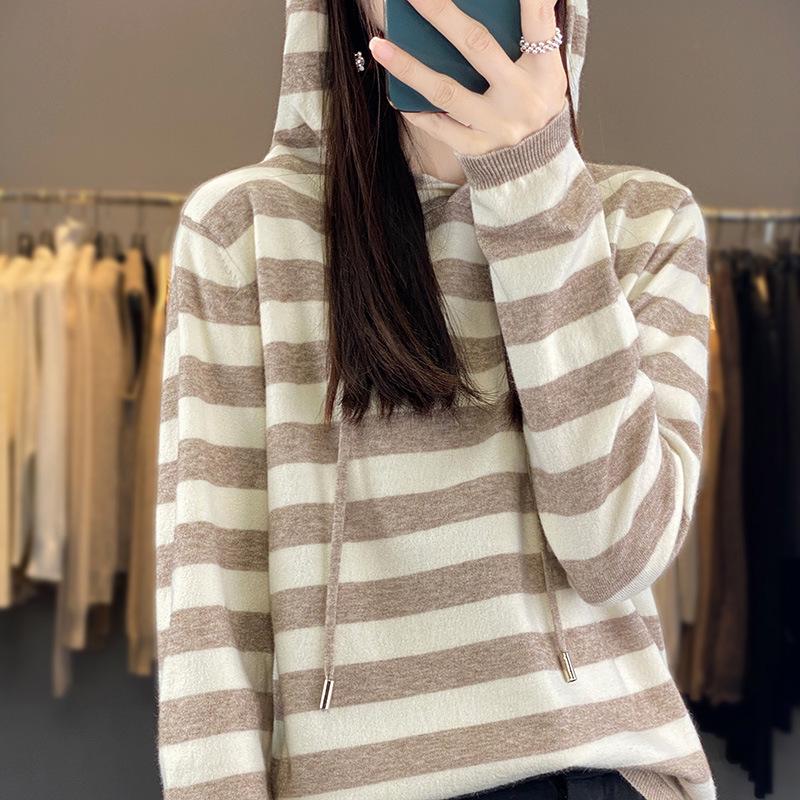 Women's Loose-Fit Striped Hooded Knit Sweater - Korean Style Casual Autumn Winter Sweatshirt