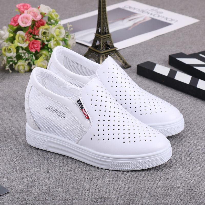 Inner heightening women's shoes leather surface white shoes women's spring and summer new Korean version of slope heel platform casual shoes one peda