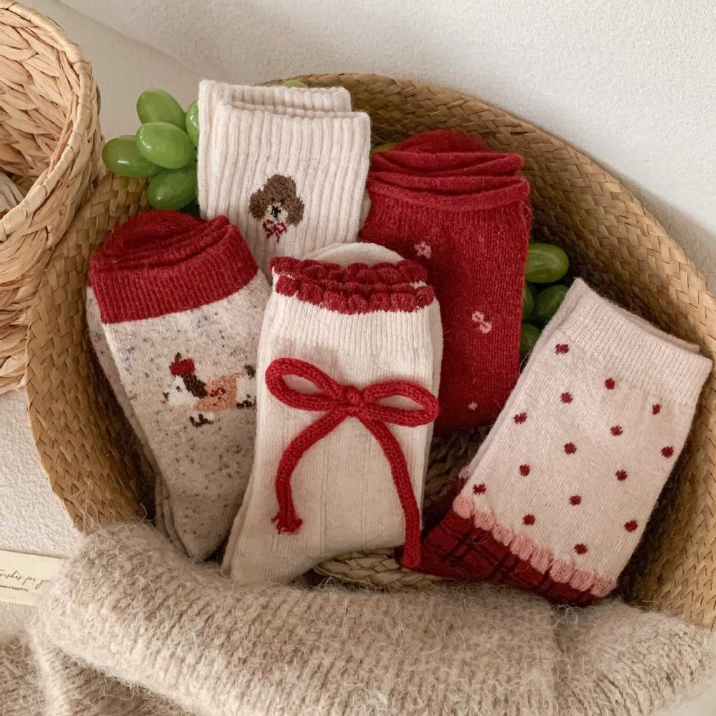 Red Wool Socks Fashion Red New Year Socks Christmas Socks Bow Socks