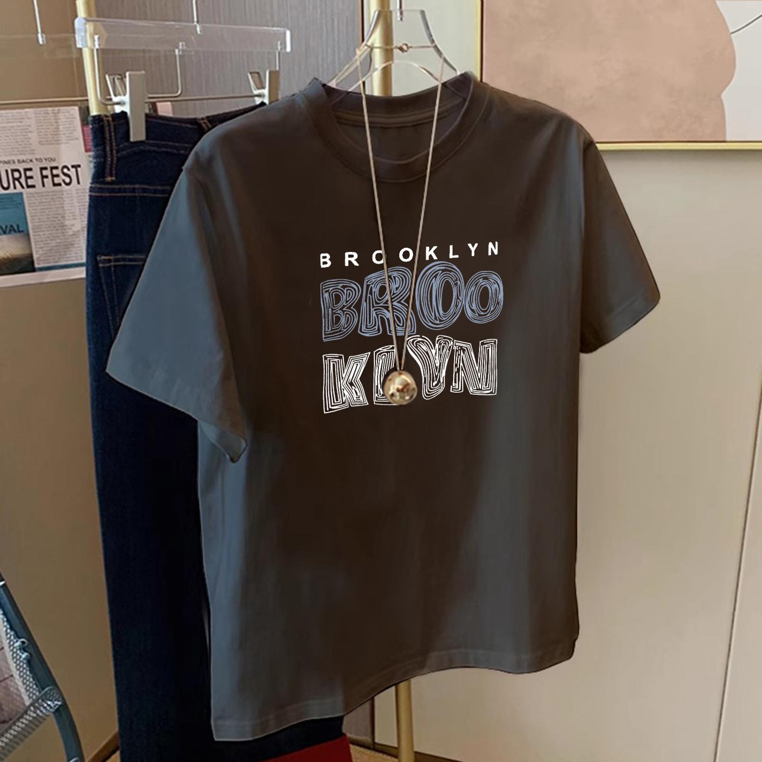 

2025 summer new gray cotton short-sleeved t-shirt women s loose and versatile letter printing small top S