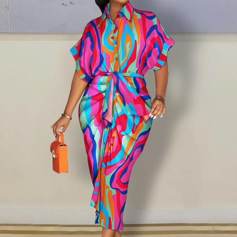 BITCED Women's Autumn Long Sleeve V-Neck Button Printed Shirt Dress Long Dress